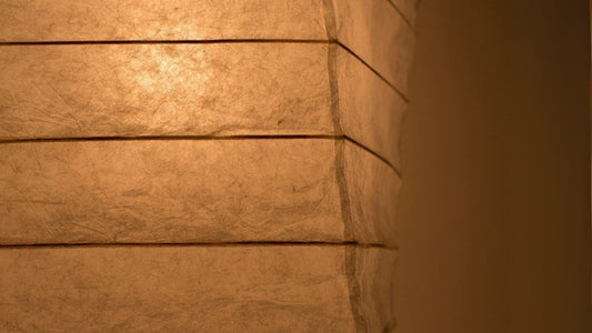 Warm glow from Japanese Washi Paper Floor Lamp "Momi Washi 01 - washi paper standing lamp for living room