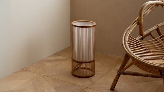 Japanese Bamboo Floor Lamp "Tutu" Small with Japandi style chair - Stylish tall stand lamp for wabi-sabi living room