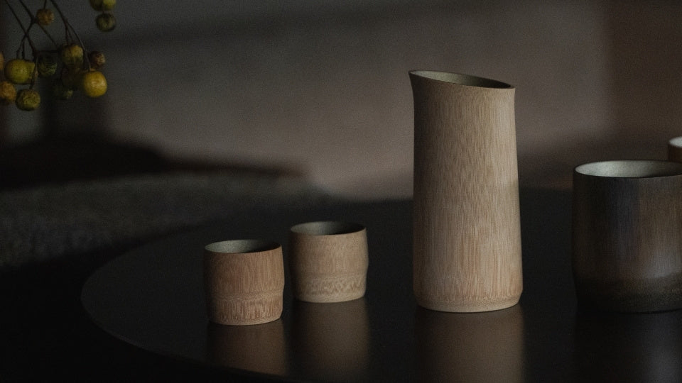 Handcrafted Japanese Bamboo Sake Set in a Zen Room
