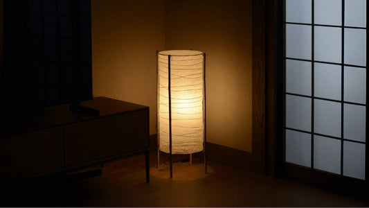 Japanese Paper Floor Lamp "NIPPON" emits arm glow and wabi sabi atmosphere into a Japandi Living Room