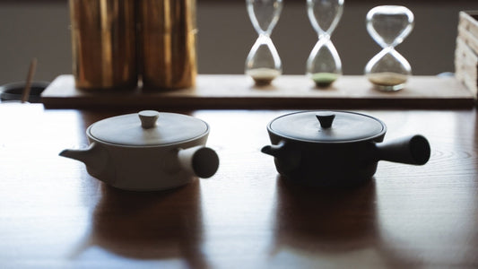 Handcrafted Japanese Sencha Teapot Black & White on a wooden table in a zen room