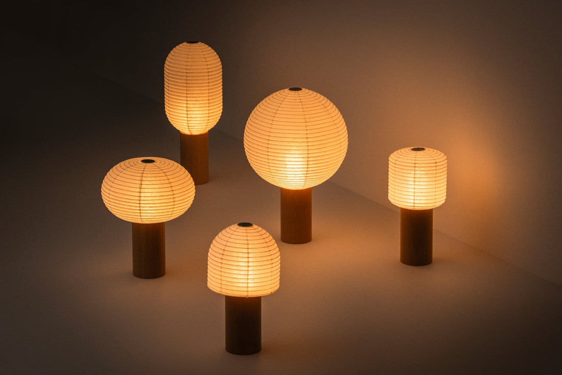 Japanese paper lamp "TORCHIN" series emits warm glow in dimly room