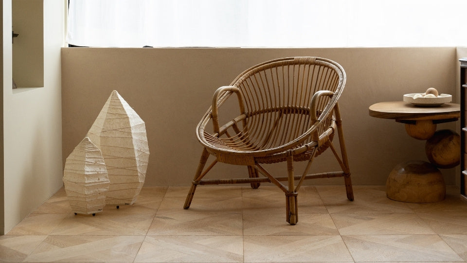 Two sizes of Japanese Washi Paper Floor Lamp “Paper Stone” in Japandi style space – Unique nightstand lamp for bedroom