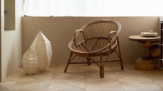 Two sizes of Japanese Washi Paper Floor Lamp “Paper Stone” in Japandi style space – Unique nightstand lamp for bedroom