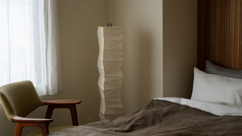 Japanese Washi Paper Floor Lamp “Slender” in Japandi style bedroom – Unique nightstand lamp for bedroom & living room