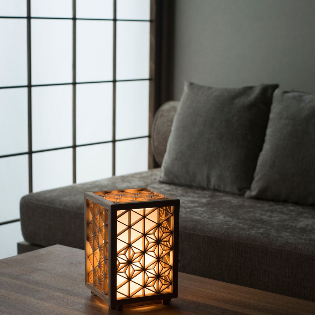 Japanese kumiko table lamp on a Living room table.