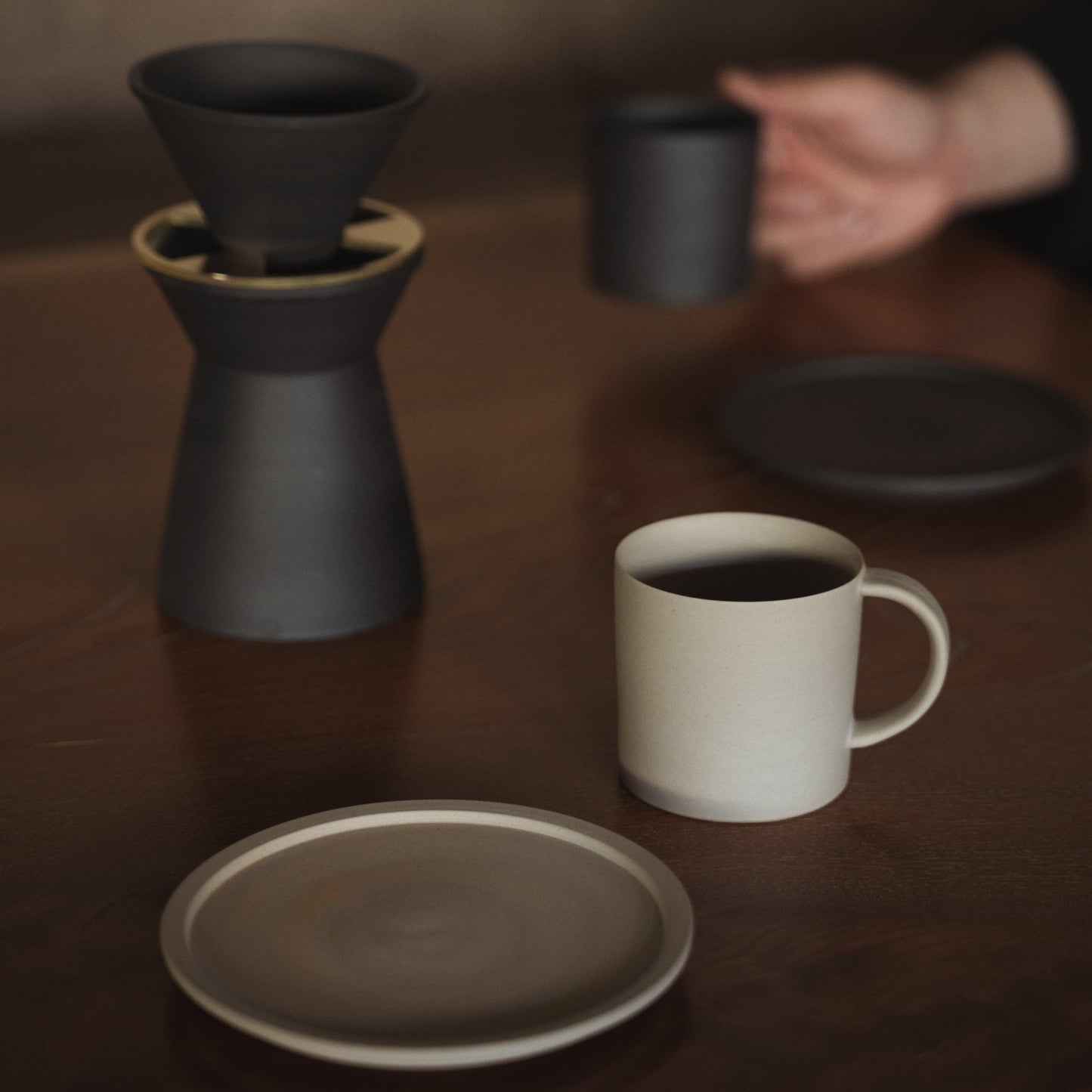 Japanese Banko yaki Coffee Server Set - Black Server, White Cup and Saucer