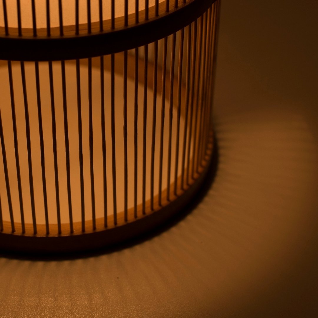 Bottom view of Japanese Bamboo Floor Lamp "Tutu" Small in dim lighting - washi paper floor lamp for living rooms
