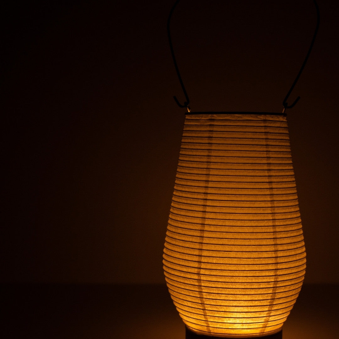 Close-up of Japanese paper table lamp RIN 02, detailed texture of Mino washi Japanese table lamp for living room & bedroom