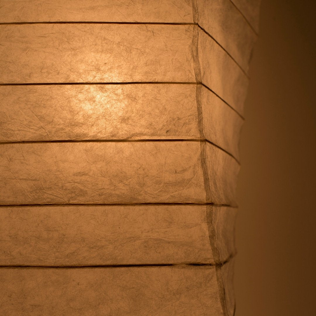 Warm glow from Japanese Washi Paper Floor Lamp "Momi Washi 01 - washi paper standing lamp for living room