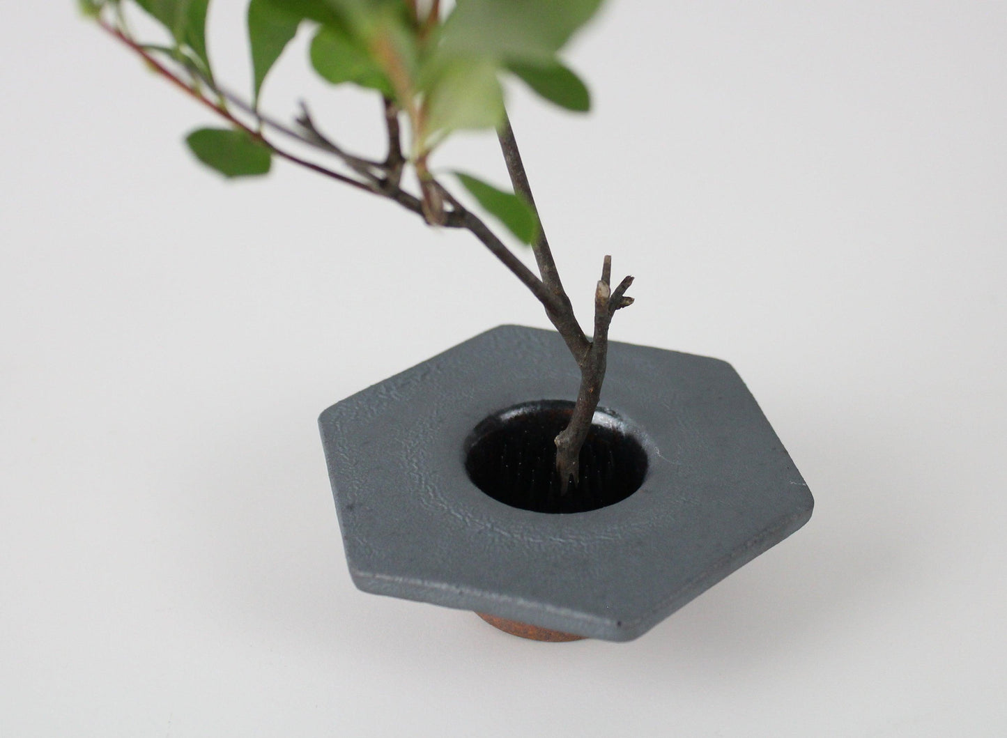 A hexagonal minimalist iron vase inspired by traditional Japanese roof tiles, with a branch arrangement.