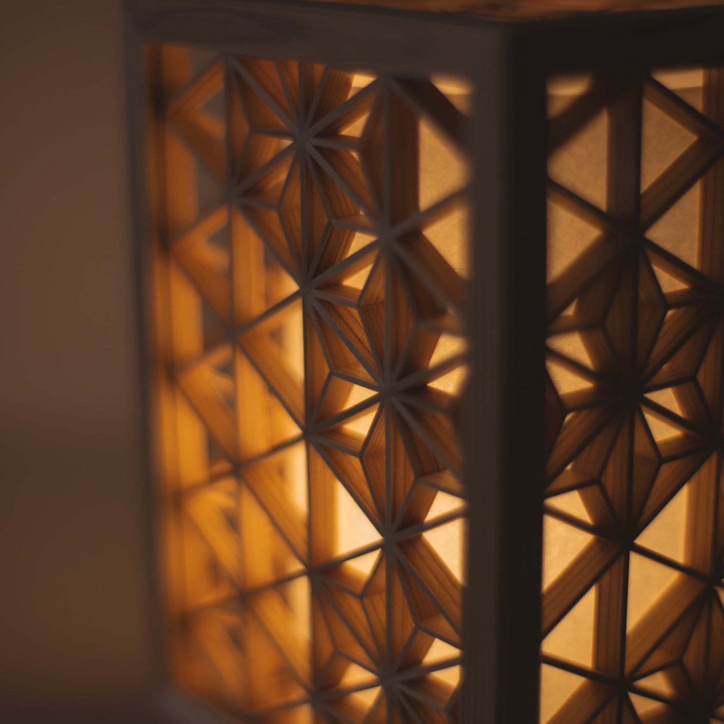 A Japanese Kumiko table lamp "Asanoha" close up view
