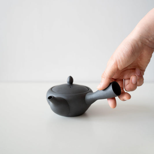 Hand holding a Japanese black teapot