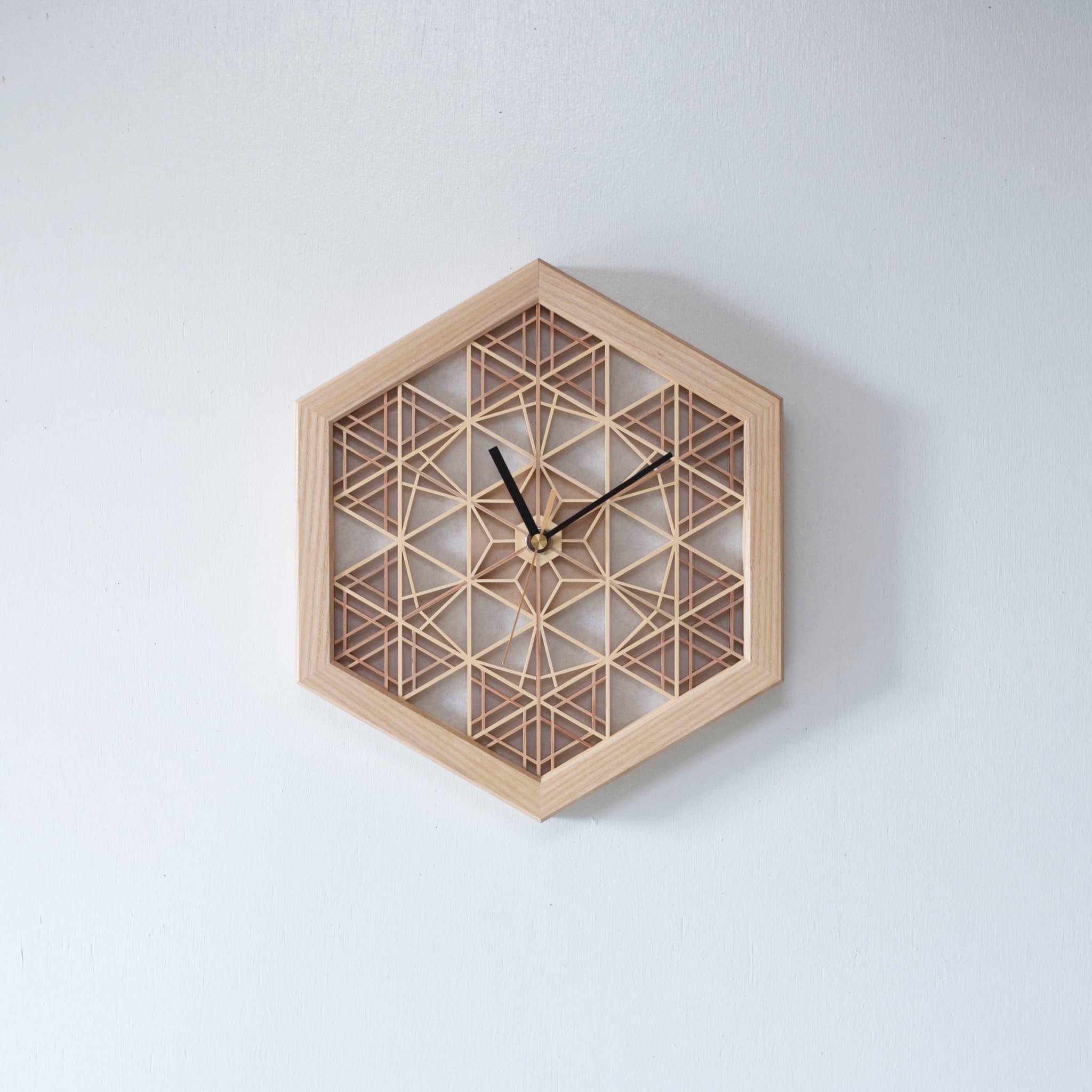 A traditional Japanese kumiko clock crafted from intricately joined wooden pieces. Over 1400 years of craftsmanship are embodied in this timepiece.
