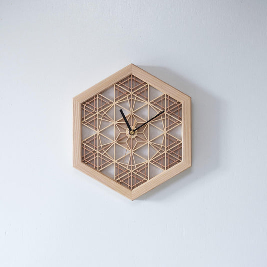 A traditional Japanese kumiko clock crafted from intricately joined wooden pieces. Over 1400 years of craftsmanship are embodied in this timepiece.