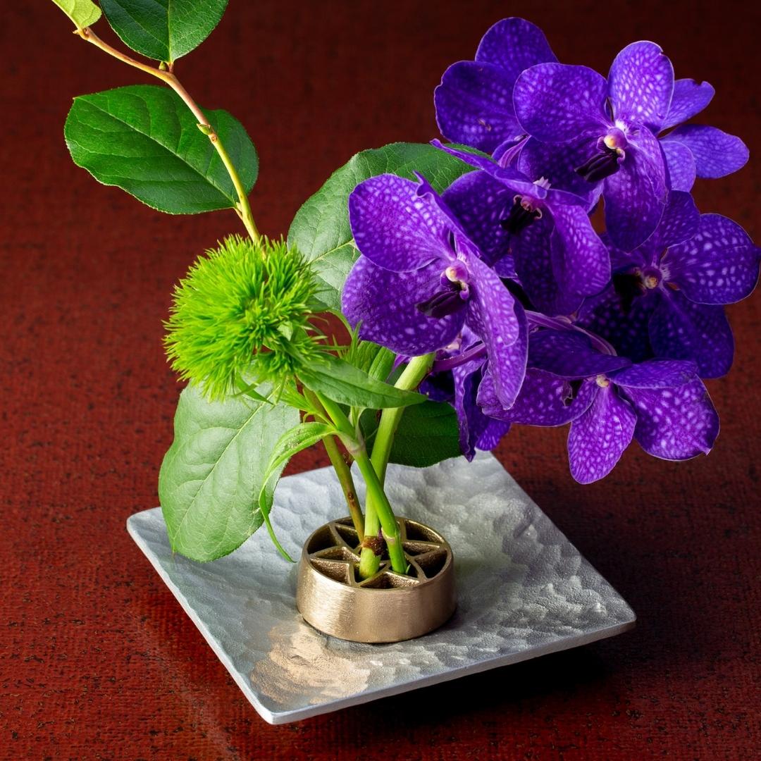 Ikebana flower arrangement with Japanese Pinless Kenzan "Hana" L in Japanese vase