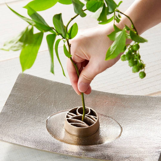 Ikebana flower arrangement with Japanese Pinless Kenzan "the earth" in Japanese vases
