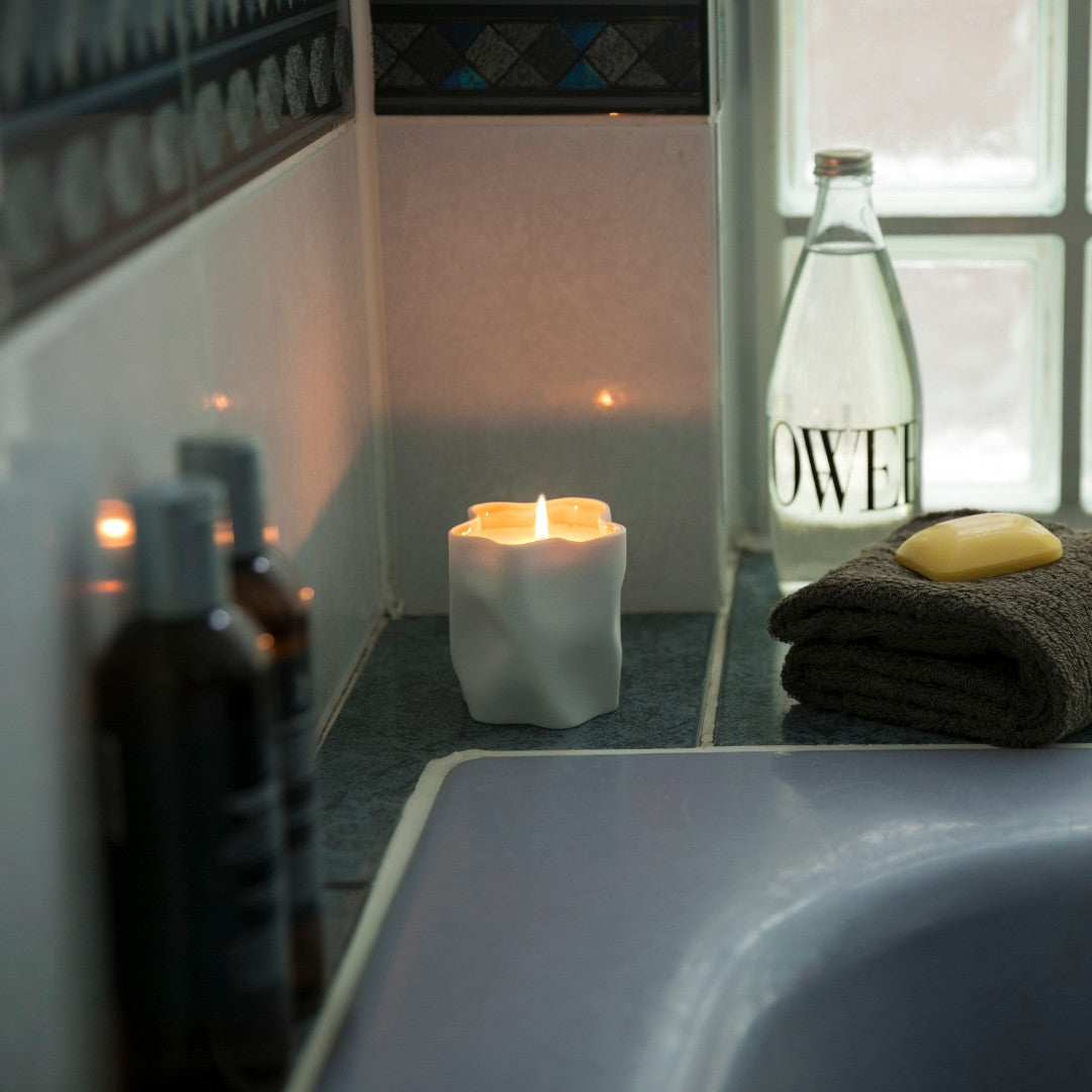 Japanese scented candle in Seto porcelain, Japandi bathroom with wabi sabi pottery and serene mood
