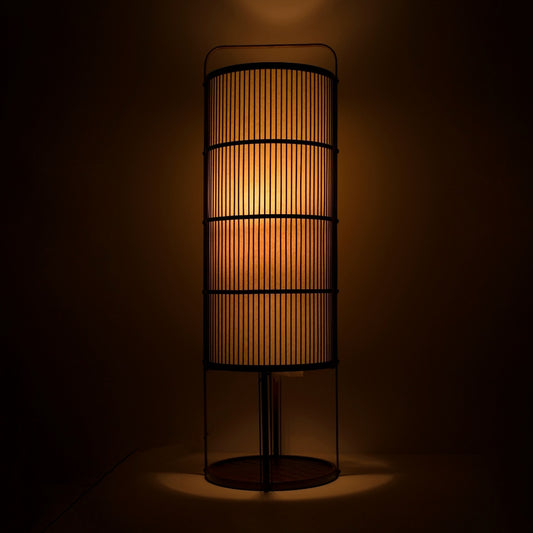 Japanese Bamboo Floor Lamp "Ajiro-base" illuminating a dark room - Authentic Bamboo standing lamp for Japandi living room