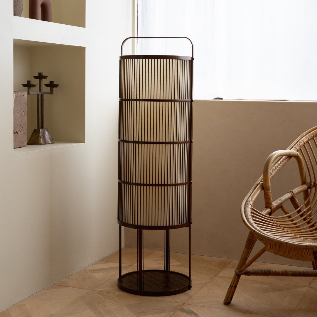 Japanese Bamboo Floor Lamp "Ajiro-base" with Japandi style chair - Wabi-Sabi tall night stand lamp for Japandi living room
