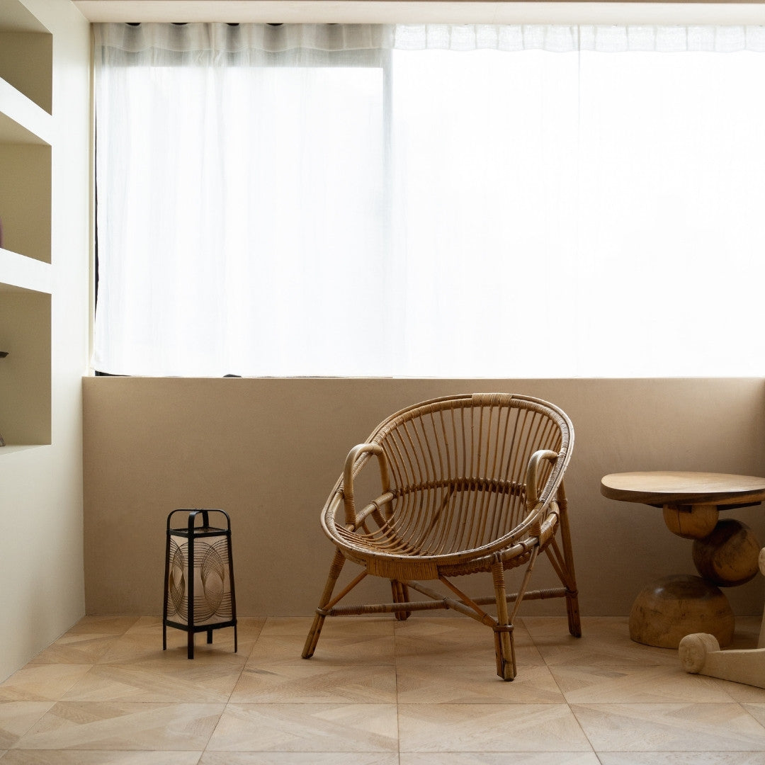 Japanese Bamboo Floor Lamp "Sunlight" in Japandi style space - Unique wabi-sabi stand lamp for Japandi living room & bedroom