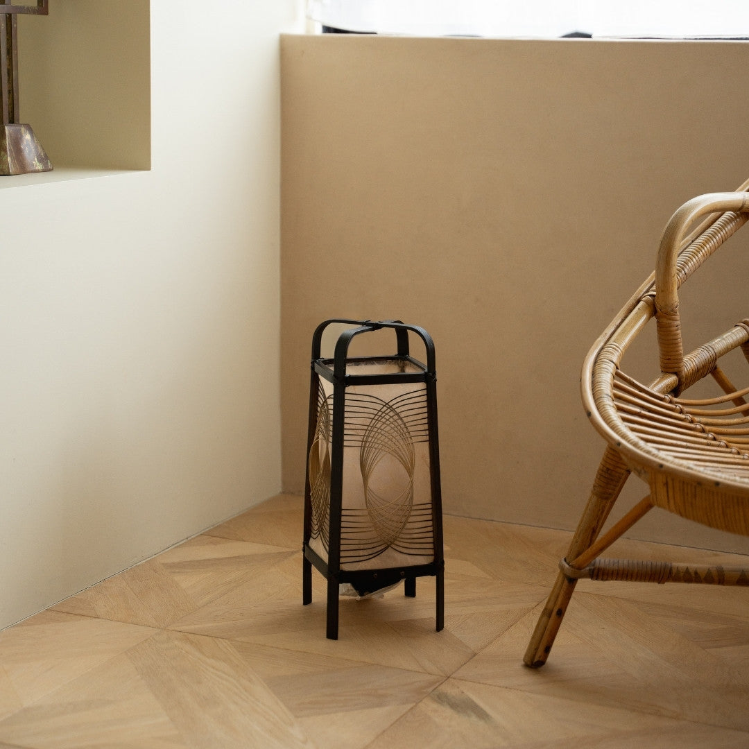 Japanese Bamboo Floor Lamp "Sunlight" with Japandi style chair - Unique wabi-sabi floor lamp for Japandi living room & bedroom