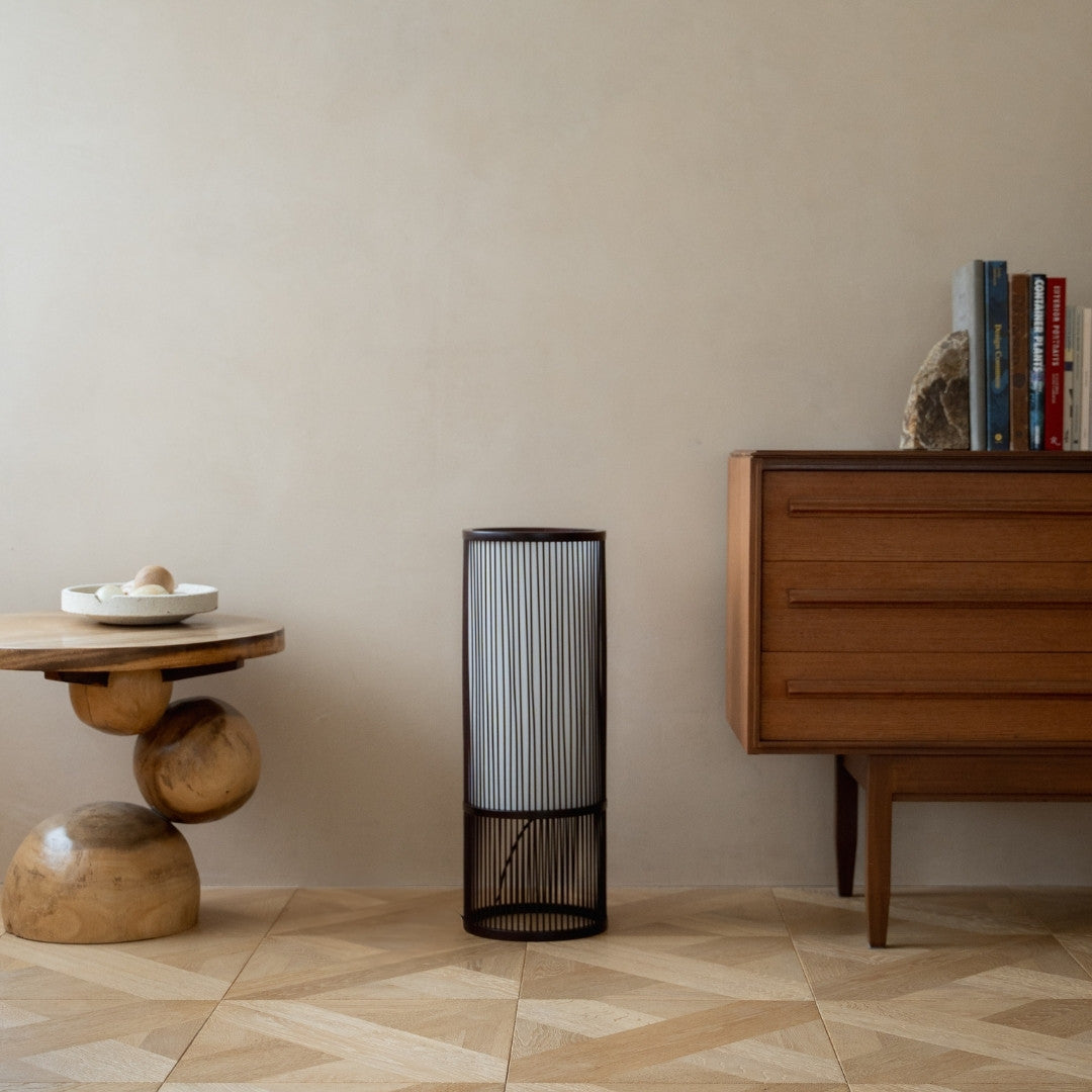 Japanese Bamboo Floor Lamp "Tutu" Middle in Japandi style interior – Sophisticated tall stand lamp for Japandi living room