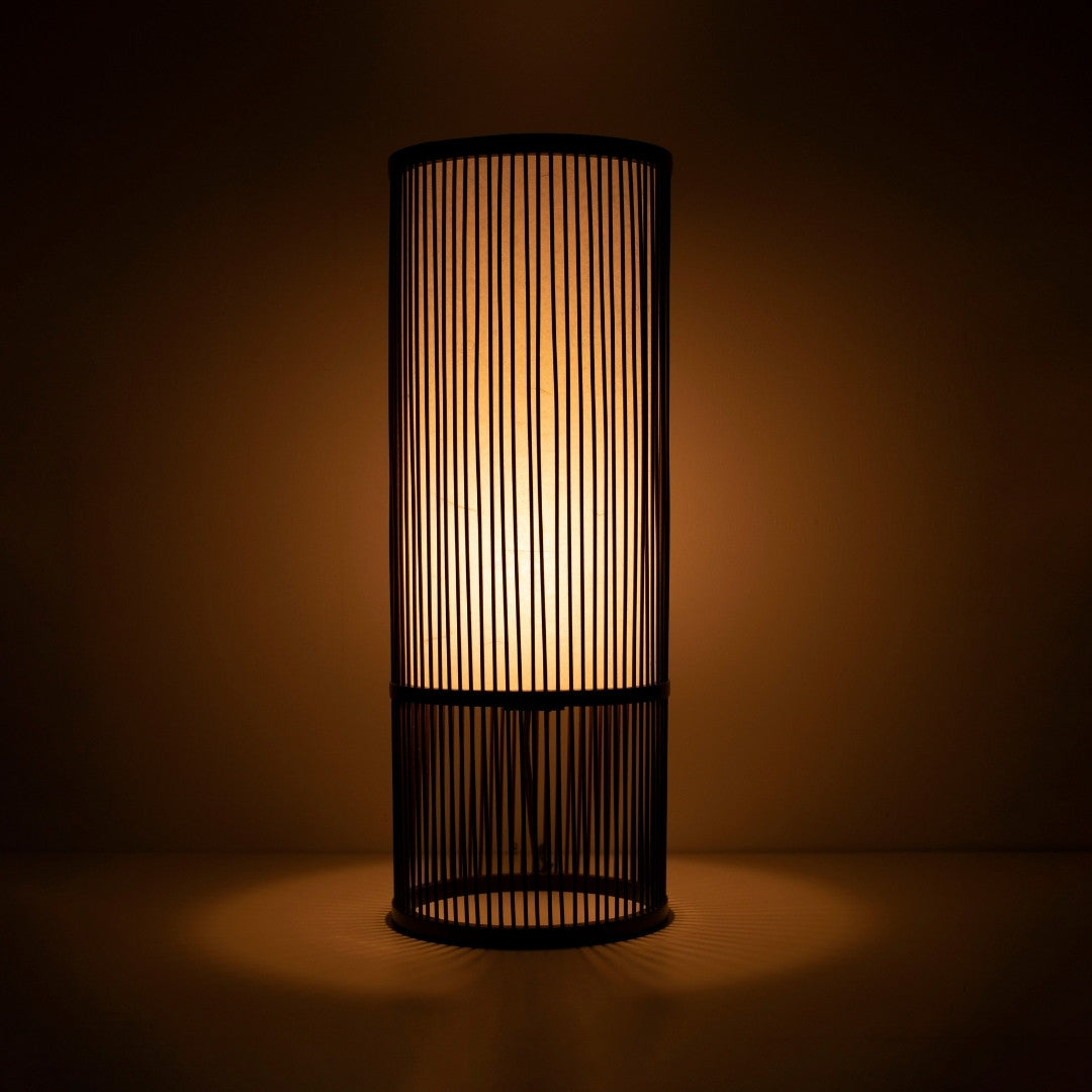 Japanese Bamboo Floor Lamp "Tutu" Middle illuminating a dark room - Modern Bamboo standing lamp for cozy Japandi living room