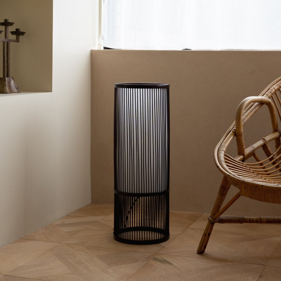 Japanese Bamboo Floor Lamp "Tutu" Middle with Japandi style chair - Wabi-Sabi stand floor lamp for Japandi living room