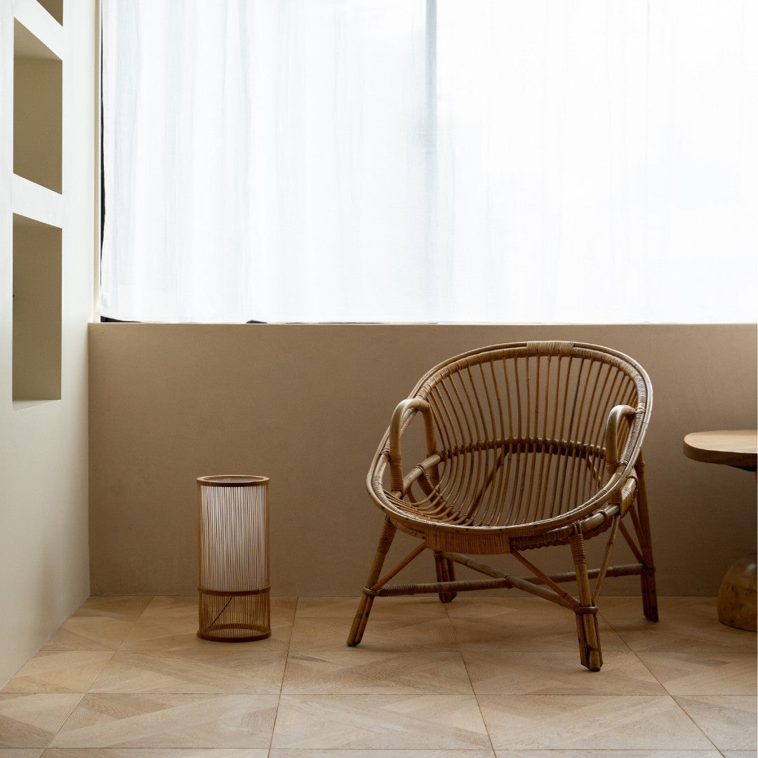Japanese Bamboo Floor Lamp "Tutu" Small in Japandi style space - Stylish floor lamp with wabi-sabi aesthetics