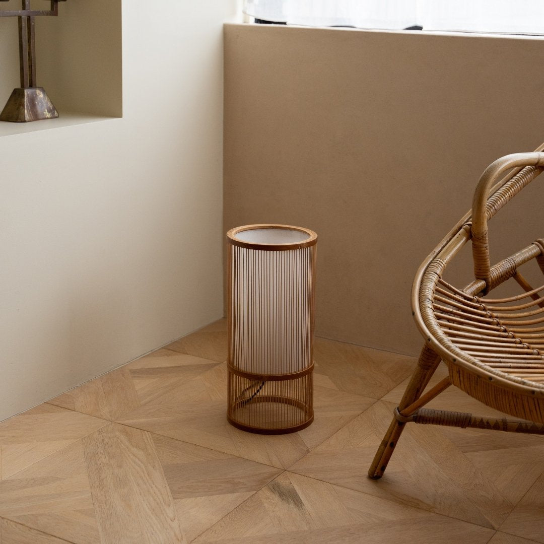 Japanese Bamboo Floor Lamp "Tutu" Small with Japandi style chair - Stylish tall stand lamp for Japandi living room