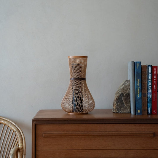 Japanese Bamboo Flower Vase “Fukuju” on a wood shelf in Japandi room - Stylish wabi-sabi flower vase for ikebana