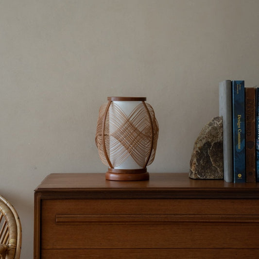 Japanese Bamboo shelf Lamp "Koyou" on a wood table in Japandi room - Wabi-Sabi night lamp for bedside tables