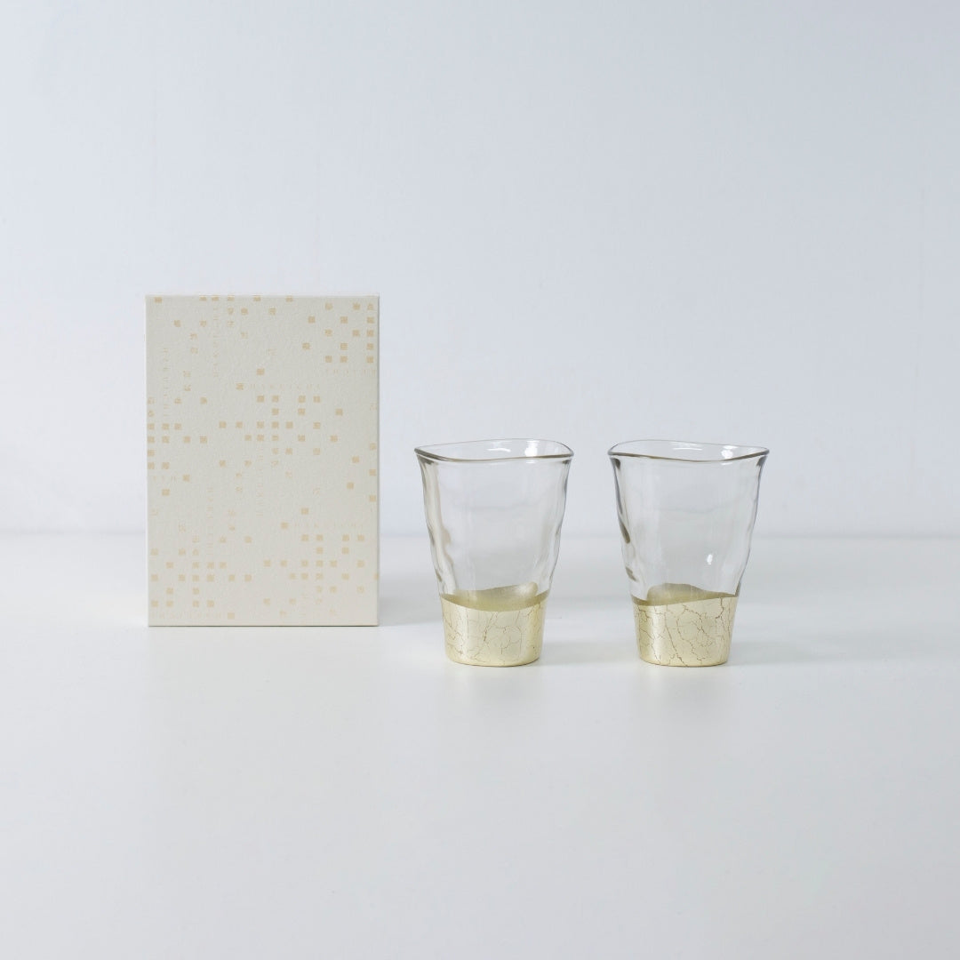 Champagne gold sake cup set in Japanese glass with Kanazawa leaf, minimalist and wabi-sabi style