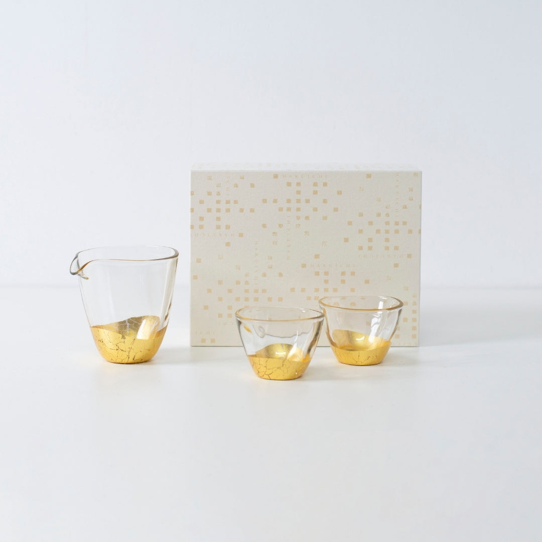 Japanese sake set with Kanazawa gold leaf, featuring a sake bottle and two sake cups by HAKUICHI