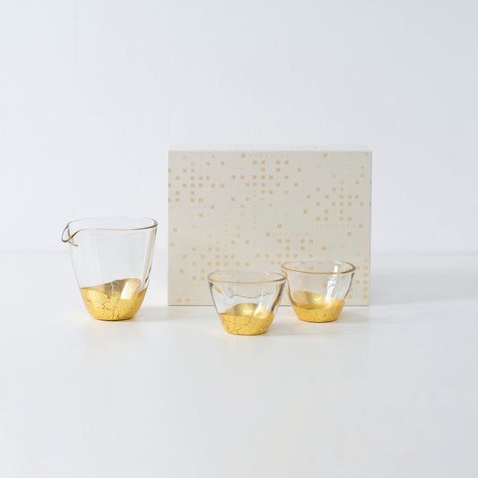 Japanese sake set with Kanazawa gold leaf, featuring a sake bottle and two sake cups by HAKUICHI