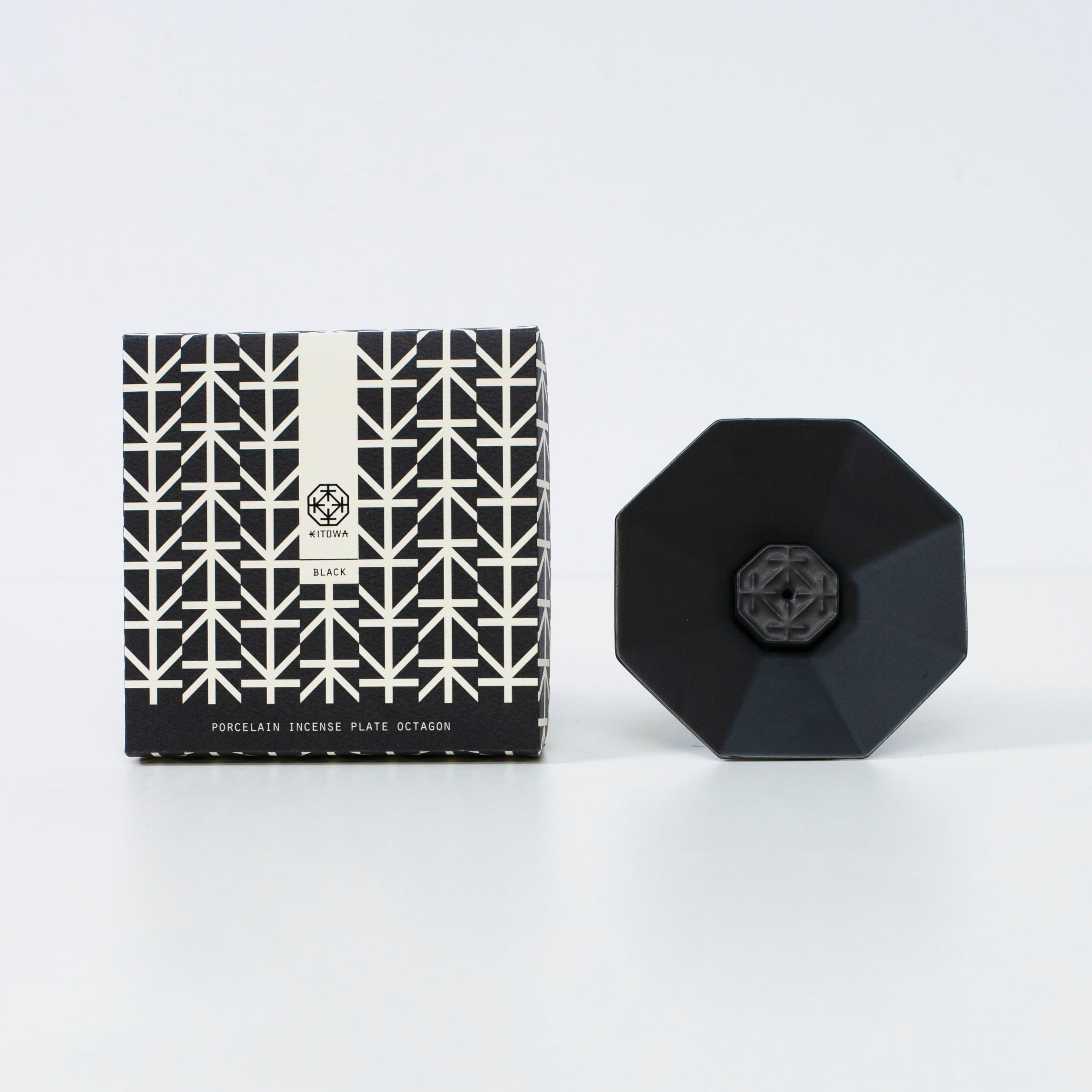 PORCELAIN INCENSE PLATE OCTAGON BLACK - Handcrafted ceramic incense holder with wabi-sabi for Japandi style room