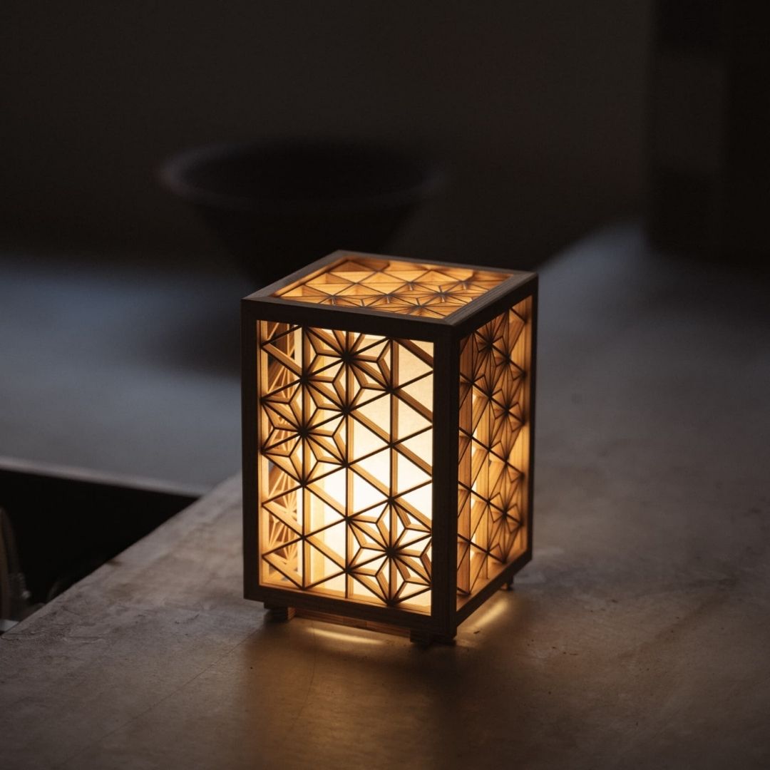 Japanese Kumiko lamp on the wood table