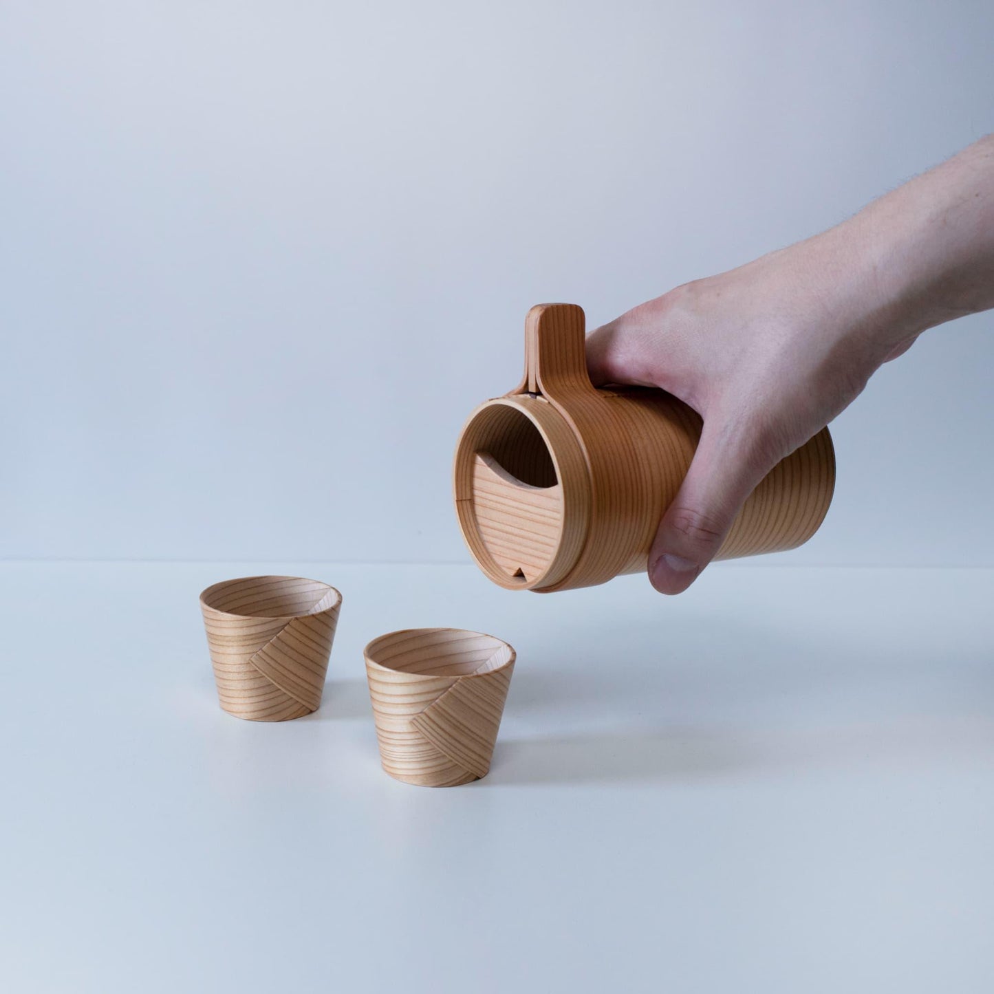 Japanese "Magewappa" Sake Set in Use: 2 Cups & Bottle (Akita Cedar)