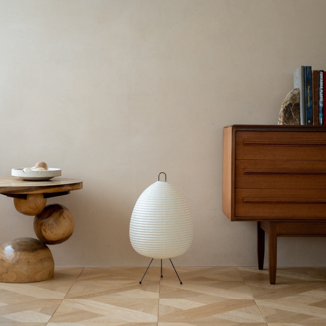 Japanese Paper Floor Lamp "Chochin lamp 01" in Japandi style interior – White washi paper floor lamp in Japandi living room