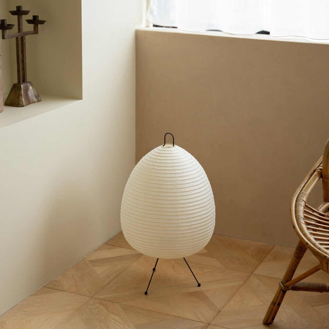 Japanese Paper Floor Lamp "Chochin lamp 01" with Japandi style chair - Unique living paper lantern with wabi-sabi aesthetic