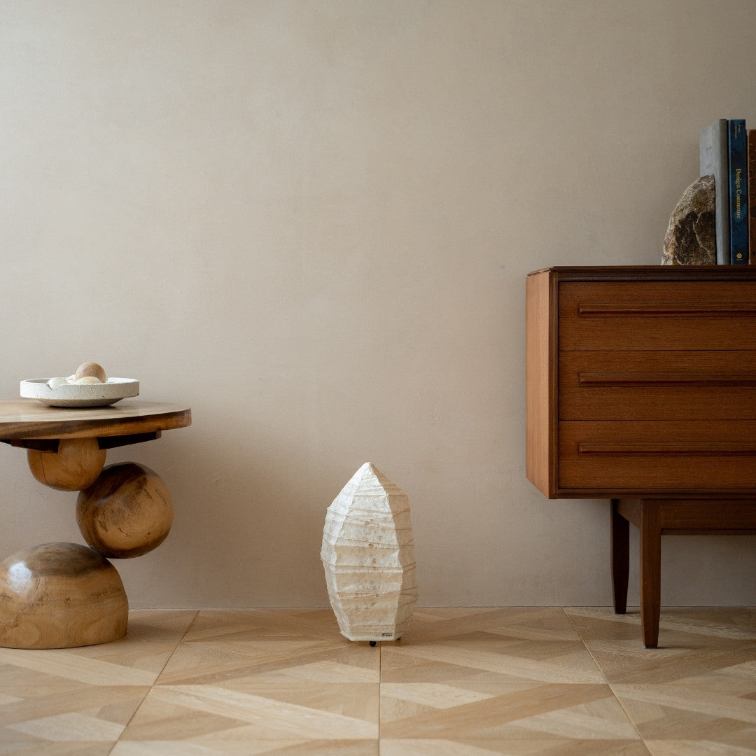 Japanese Paper Floor Lamp “Paper Stone” Small in Japandi style interior – Floor stand lamp for bedroom & living room