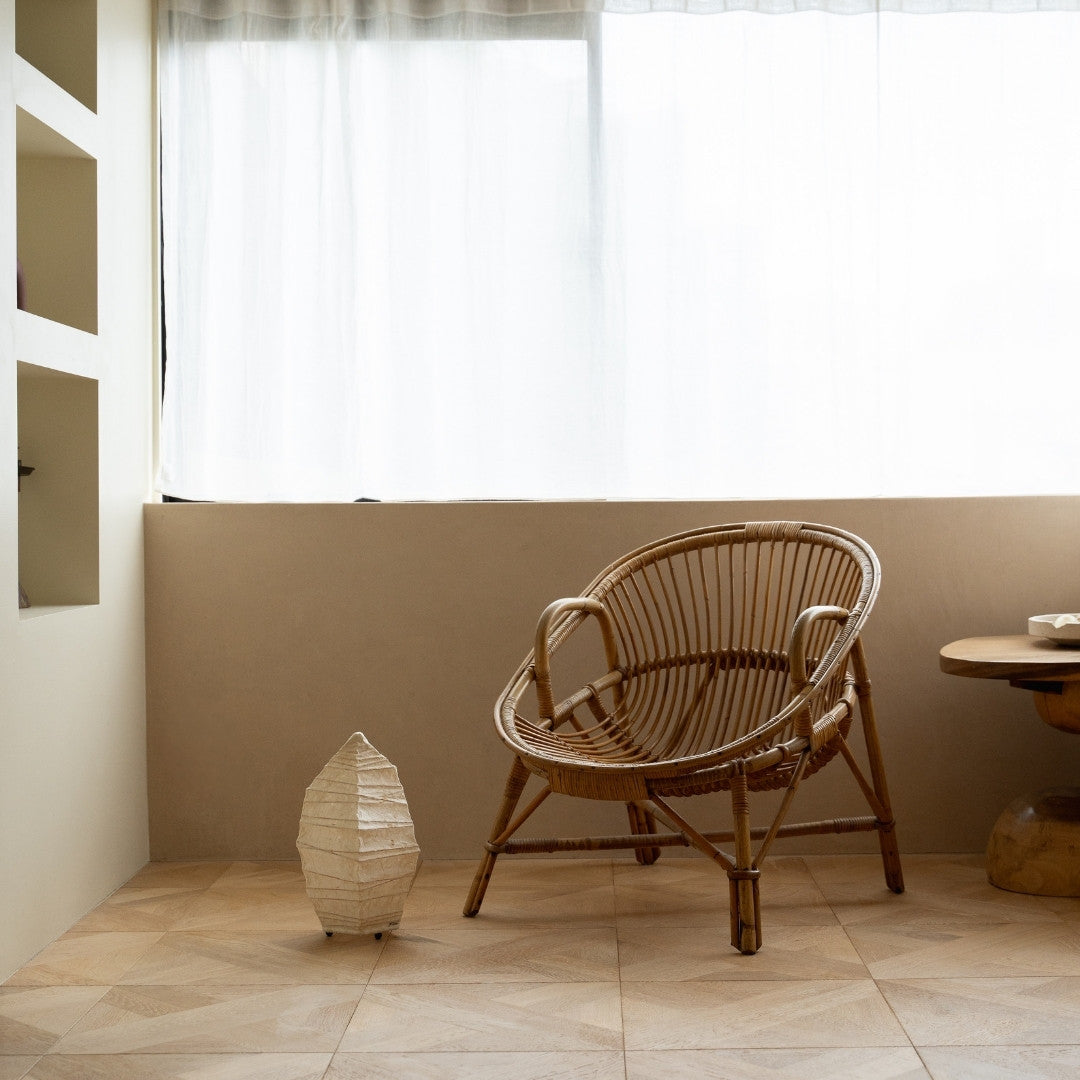 Japanese Paper Floor Lamp “Paper Stone” Small in Japandi style space – Stylish paper floor lamp for Japandi bedroom & living room