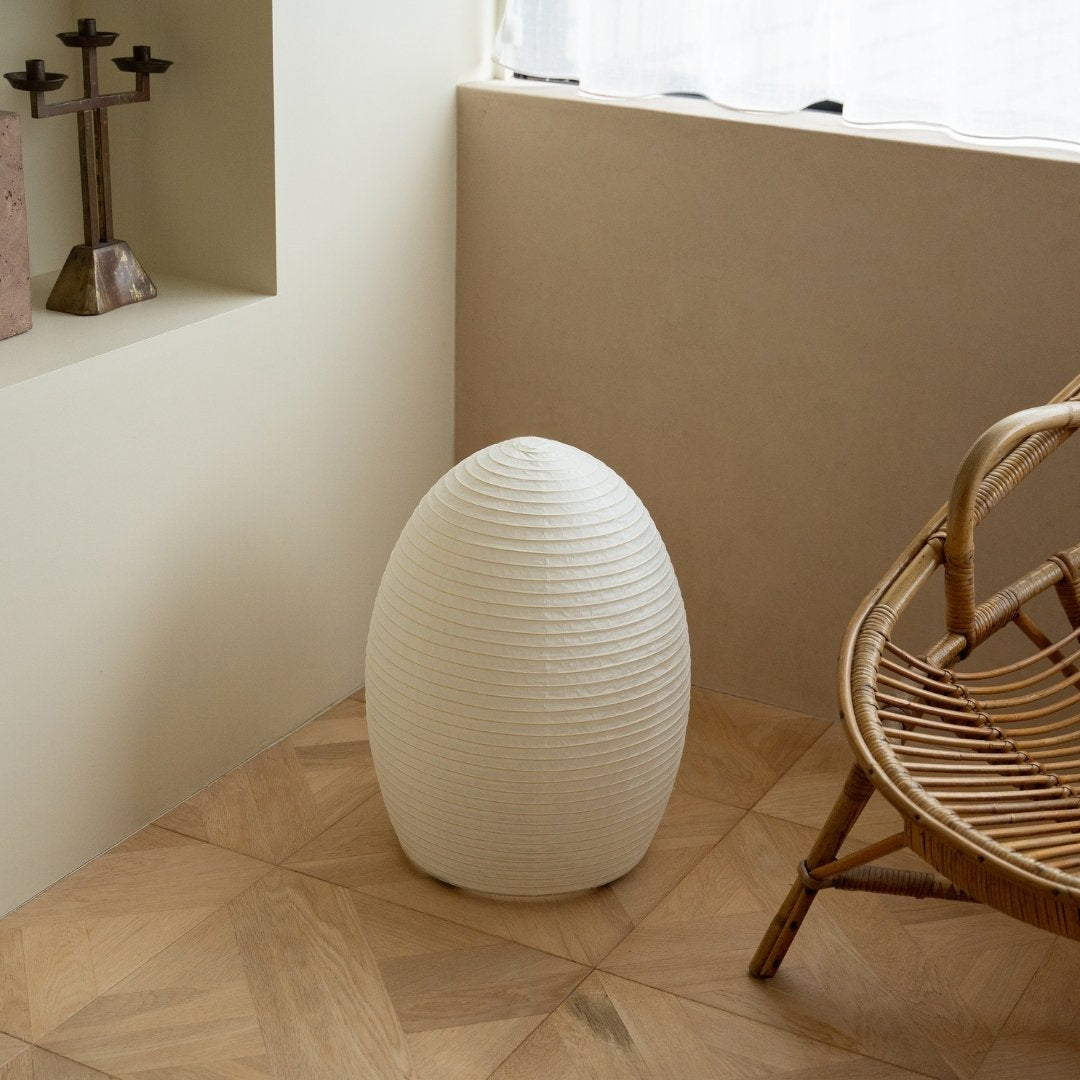 Japanese Paper Floor Lamp "paper moon 11" with Japandi style chair - Authentic washi paper floor lamp for living room
