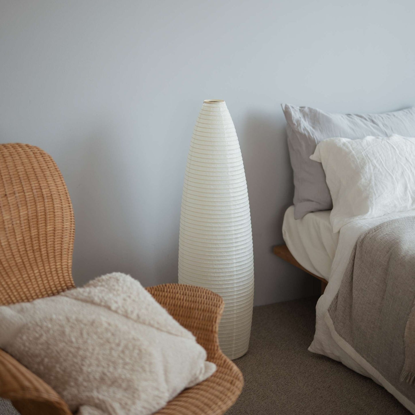 Handcrafted Japanese Paper Floor Lamp Paper Moon 13 – Washi Lamp in a Japandi bedroom