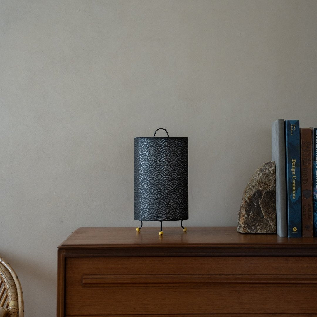 Japanese Paper Table Lamp "Lace Washi" Black on a wood table in Japandi living room - Unique bedside table lamp for bedroom
