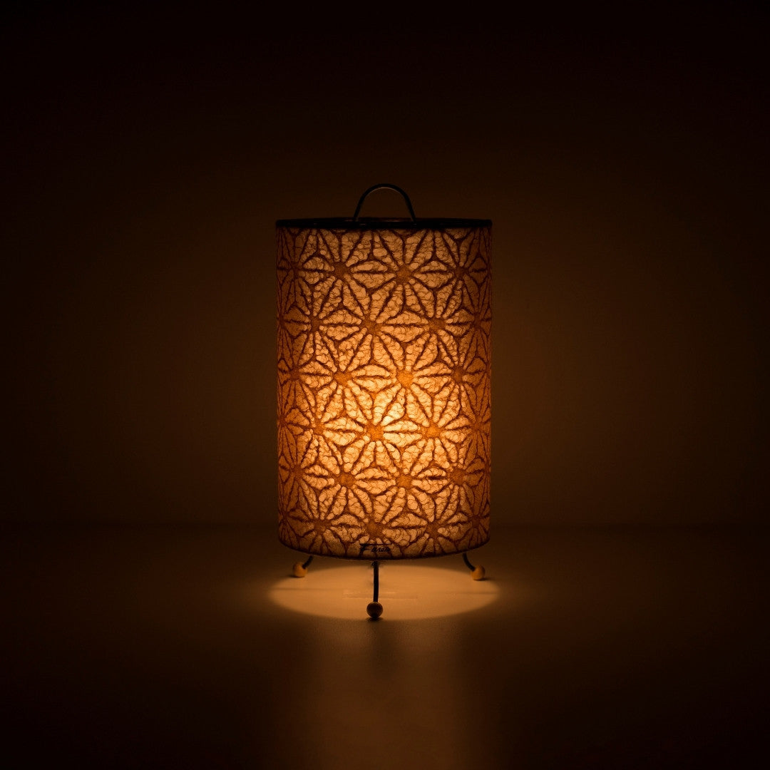 Japanese Paper Table Lamp "Lace Washi" Brown illuminating a dark room – Handmade Lamp for Cozy bedroom