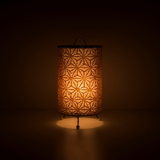 Japanese Paper Table Lamp "Lace Washi" Brown illuminating a dark room – Handmade Lamp for Cozy bedroom
