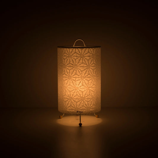 Japanese Paper Table Lamp "Lace Washi" White illuminating a dark room – Stylish Bedside Lamp