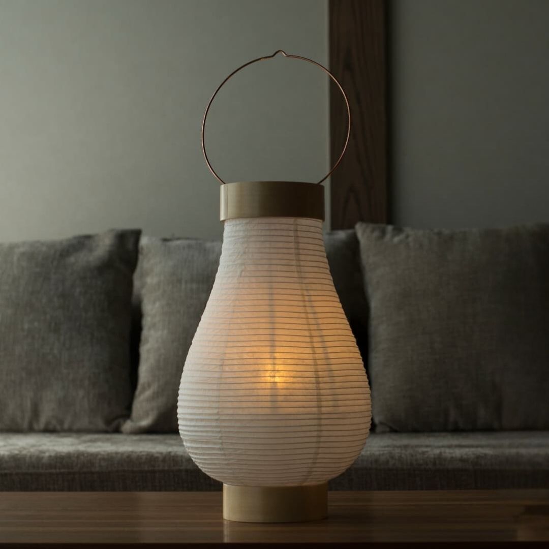 Japanese Paper Lamp "TSUDOI" on a wooden table.